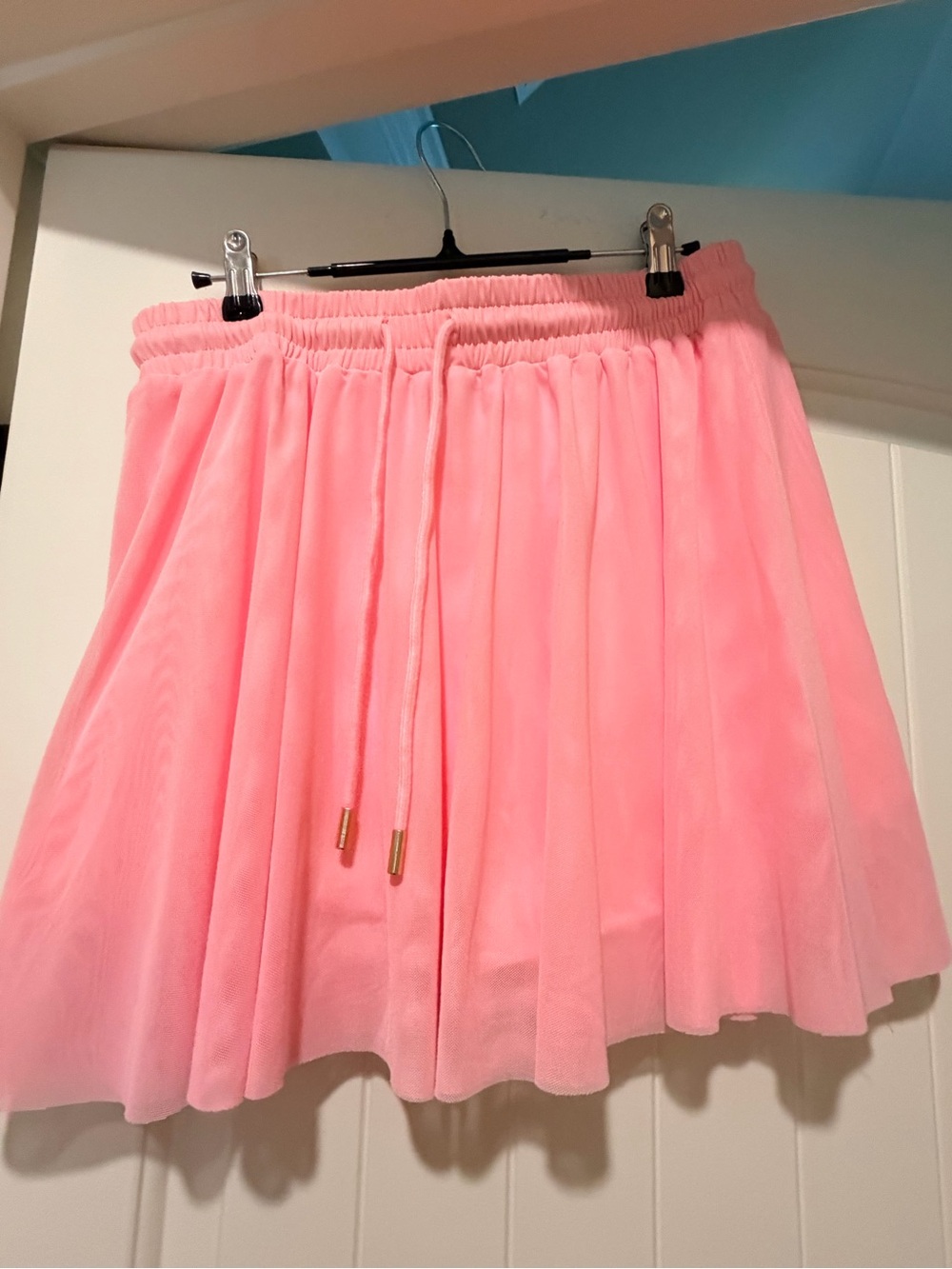 Light Pink Pleated Mesh Drawstring Mini Skirt